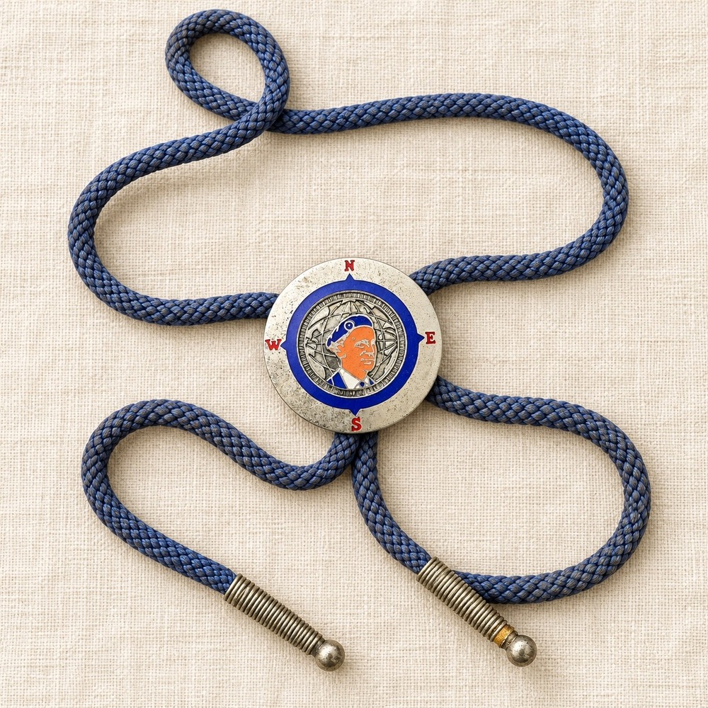 Vintage Boy Scouts Baden-Powell Compass Bolo Tie Blue Braided Cord Silver Tone
